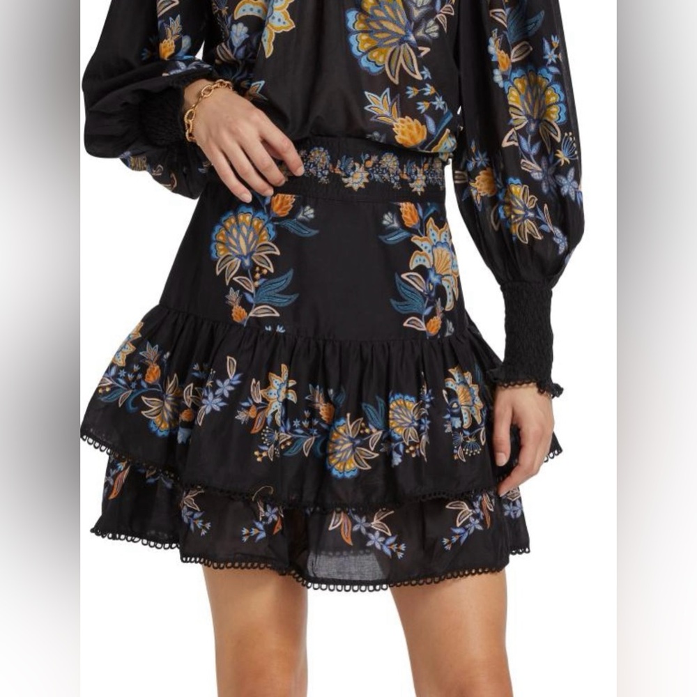 FARM Rio Black Tiered Floral Mini Skirt with Blue and Yellow Print